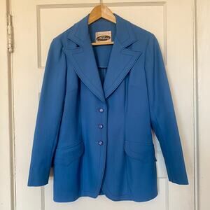 Vintage 70s Lasso Western Wear Blue Suit Jacket Poly Curved Embroidery